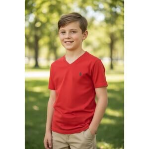 Polo Ralph Lauren Boys’ V-Neck T-Shirt – Red with Navy Pony – Size 5
